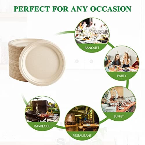 Vplus 500 Pack Paper Plates 9 inch 100% Compostable, Heavy-Duty Disposable Paper Plates Bagasse Natural Biodegradable Eco-Friendly Sugarcane(Nature) 6