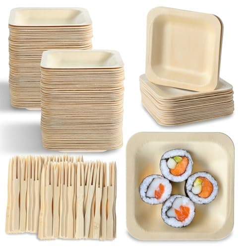 Hpmjz 300Pcs Disposable Square Bowls & Forks Set 4.5 × 4.5 Inch 100Pcs Bamboo Disposable Plates & 200pcs Forks Square Wood Plates for Birthday Party Wedding Events Appetizer Dessert Catering Home Use