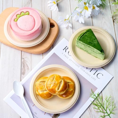 ECOLipak 6 Inch Disposable Compostable Small Paper Plates, 500 Pack Recycled Sugarcane Bagasse Biodegradable Heavy Duty Mini Dinner Appetizer Cake Dessert Plates for Party(Nature) 8