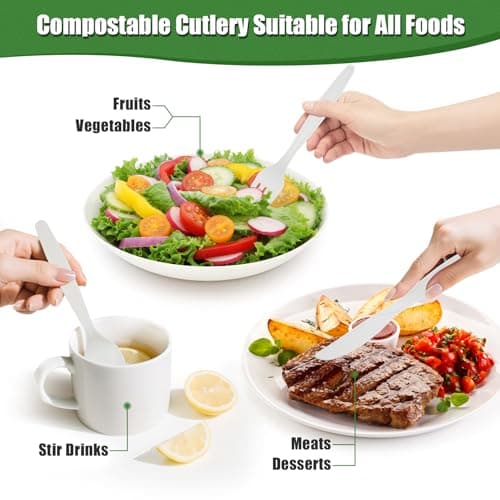Pre Rolled Napkin Cutlery Set - Compostable Utensils 8" Large Disposable Utensils Wrapped Forks Knives Spoons Napkins Cornstarch Biodegradable Silverware Cutlery for Party (100) 5