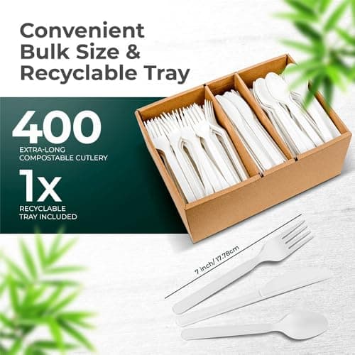 100% Compostable cutlery knives forks spoons Large Disposable Biodegradable Compostable Utensils Durable HeavyDuty Silverware heat resistant alternative to plastic with convenient tray 7inch (400) 2