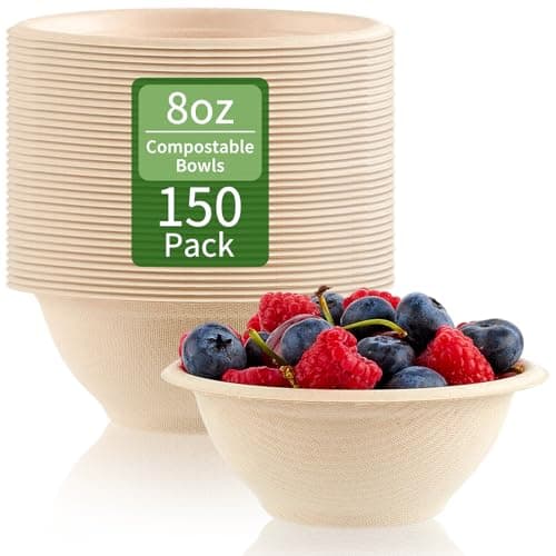 ZORRITA 150 Pack 8 oz Compostable Paper Bowls Small Disposable Soup Bowls Natural Sugarcane Biodegradable Bowls for Ice Cream, Desserts, Salads, Pet Food 1