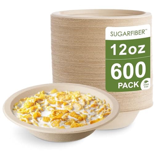 [600 Count] Harvest Pack PFAS Free 12oz Round Paper Bowls Bulk, Compostable Heavy-Duty Eco-Friendly Disposable Bagasse Bowls, Sugarcane Natural Plant fibers for Meal Prep Takeout Dinnerware 1