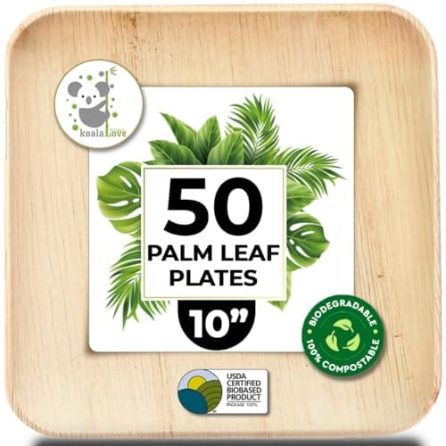 Palm Leaf Plates 10 Inch Bamboo Paper Disposable 50 Bulk Dinner Square Party Plates Event Tableware Eco Biodegradable Compostable Wooden Plate Best Alternative to Plastic Plate, By KoalaLove 1