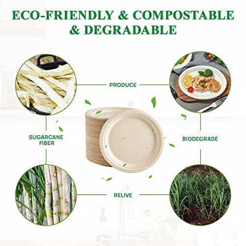 Vplus 500 Pack Paper Plates 9 inch 100% Compostable, Heavy-Duty Disposable Paper Plates Bagasse Natural Biodegradable Eco-Friendly Sugarcane(Nature) 4