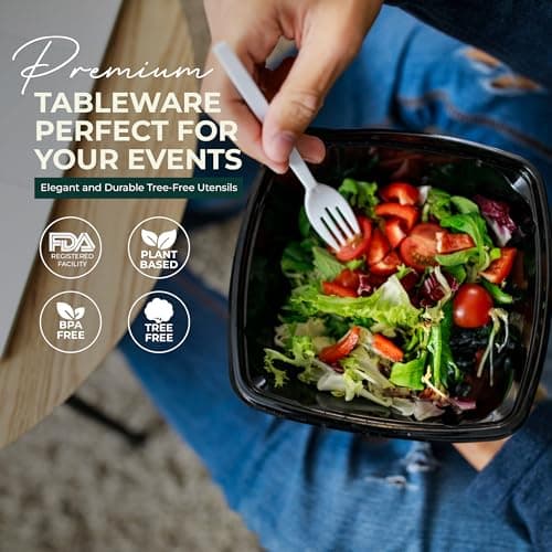 100% Compostable cutlery knives forks spoons Large Disposable Biodegradable Compostable Utensils Durable HeavyDuty Silverware heat resistant alternative to plastic with convenient tray 7inch (400) 8