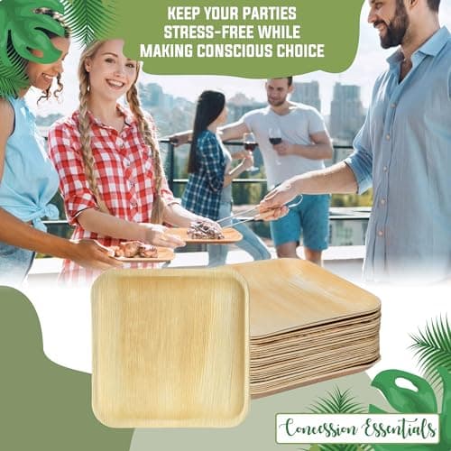 Concession Essentials 6 Inch Square Palm Leaf Dessert Plates -Bamboo Plates for Appetizers - Compostable and Eco-Friendly- Pack of 100ct 8