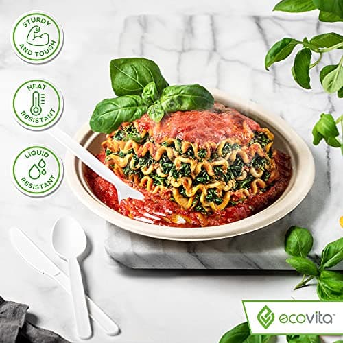 Ecovita 100% Compostable Forks Spoons Knives Cutlery Combo Set - 380 Large Disposable Utensils (7 in.) Eco Friendly Durable and Heat Resistant Alternative to Plastic Silverware with Convenient Tray 4