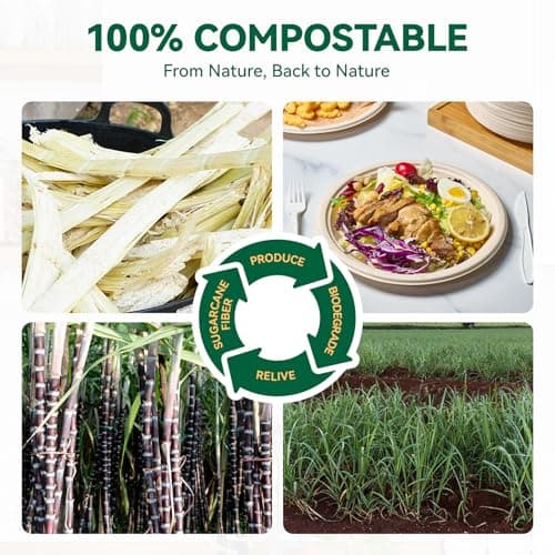 JOLLY CHEF 100% Compostable Paper Plates, 150 Pack 9 Inch Heavy Duty Plates, Disposable Biodegradable Eco-Friendly Sugarcane, Bulk Nature 3