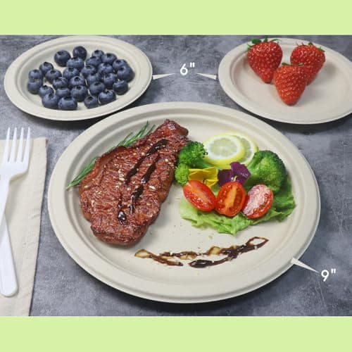 GreenWorks 100 Count 6“ Small Compostable Dessert Plates, Heavy-duty Unbleached Biodegradable Bagasse and Bamboo fiber Paper Plates 4