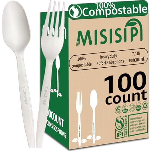 MISISIPI [7.1In 100Pcs] 100% Compostable Forks and Spoons Biodegradable Forks and Spoons HeavyDuty No Plastic Fork and Spoon Eco-friendly HeavyWeight Disposable Forks and Spoon Flatware Set