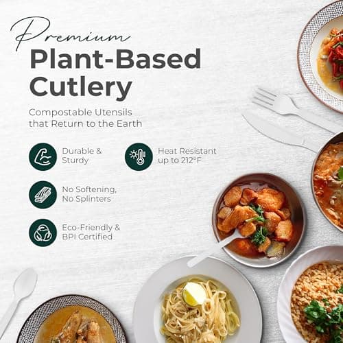 100% Compostable cutlery knives forks spoons Large Disposable Biodegradable Compostable Utensils Durable HeavyDuty Silverware heat resistant alternative to plastic with convenient tray 7inch (400) 3