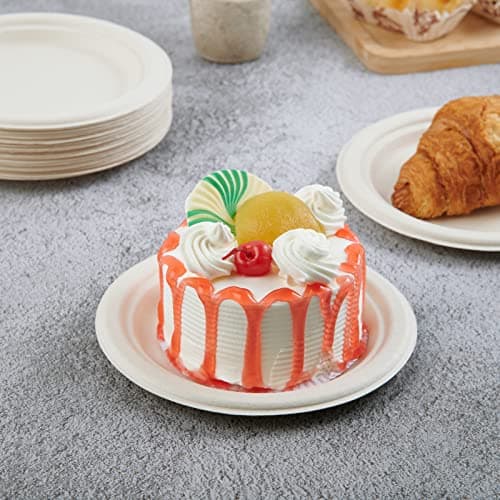 Vplus 350 Pack Paper Plates 7 inch 100% Compostable, Heavy-Duty Disposable Paper Plates Bagasse Natural Biodegradable Eco-Friendly Sugarcane 2