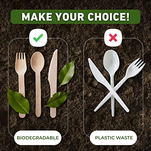Weemium Disposable Wooden Cutlery Set - 300 Count (100 Forks, 100 Knives, 100 Spoons) – Plastic-free Packaging - Biodegradable Silverware and Splinter-free Compostable Utensils for Parties 4