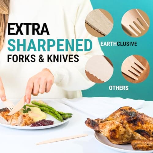 EarthClusive 300pcs Disposable Wooden Cutlery Set (150 Forks, 100 Spoons, 50 Knives) Our Heavy Duty Compostable Wood Utensils is FSC Certified Protecting Forests. Zero Plastic Cutlery For Any Occasion 3