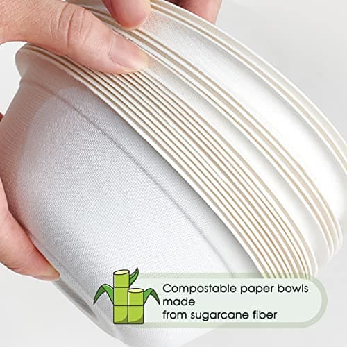ECOLipak 150 Pack 12 oz Paper Bowls Disposable, Heavy-Duty Biodegradable Compostable Bowls Made of Natural Sugarcane Bagasse, Suitable for Salad, Dessert, Milk, Cereals 3