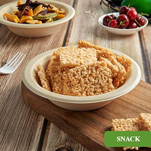 Vplus 500 Pack 12 OZ Paper Bowls Bulk, Disposable Compostable, Eco-friendly Bagasse, Heavy-duty Bowls Perfect for Milk Cereals, Snacks, Salads Nature 7