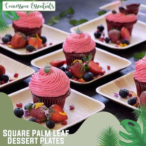 Concession Essentials 6 Inch Square Palm Leaf Dessert Plates -Bamboo Plates for Appetizers - Compostable and Eco-Friendly- Pack of 100ct 3