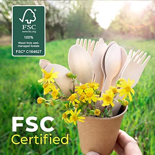 Weemium Disposable Wooden Cutlery Set - 300 Count (100 Forks, 100 Knives, 100 Spoons) – Plastic-free Packaging - Biodegradable Silverware and Splinter-free Compostable Utensils for Parties 8