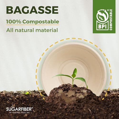 [600 Count] Harvest Pack PFAS Free 12oz Round Paper Bowls Bulk, Compostable Heavy-Duty Eco-Friendly Disposable Bagasse Bowls, Sugarcane Natural Plant fibers for Meal Prep Takeout Dinnerware 7