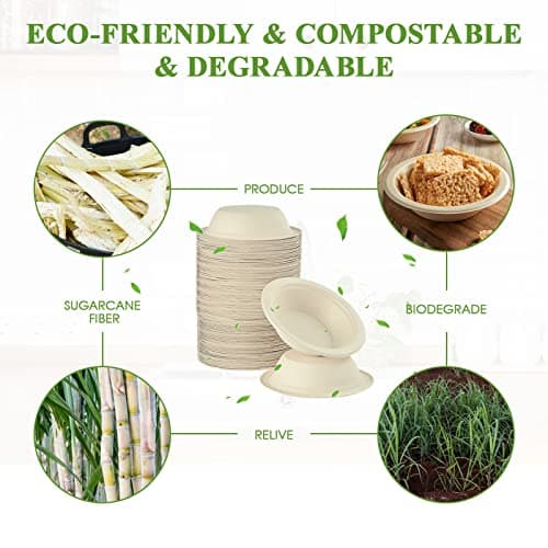 Vplus 500 Pack 12 OZ Paper Bowls Bulk, Disposable Compostable, Eco-friendly Bagasse, Heavy-duty Bowls Perfect for Milk Cereals, Snacks, Salads Nature 5