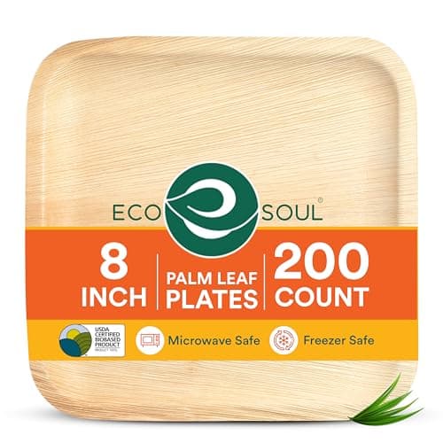 ECO SOUL Palm Leaf Plates 8"(200 Count) Square Compostable Bamboo Plates Heavy- Duty, Biodegradable Eco-Friendly Dinnerware for Party Dinner, Wedding, Holiday & Event