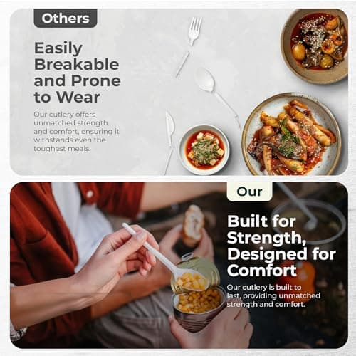 100% Compostable cutlery knives forks spoons Large Disposable Biodegradable Compostable Utensils Durable HeavyDuty Silverware heat resistant alternative to plastic with convenient tray 7inch (400) 5