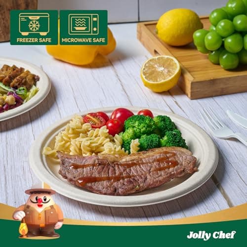 JOLLY CHEF 100% Compostable Paper Plates, 150 Pack 9 Inch Heavy Duty Plates, Disposable Biodegradable Eco-Friendly Sugarcane, Bulk Nature 4