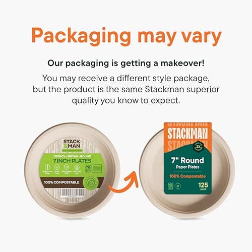 Paper Plates, 100% Compostable Heavy Duty, Disposable 7 Inch, Small Dessert Plate - [125-Pack] - {PFAS-Free} - {BPI Certified} Eco-Friendly, Biodegradable Bagasse Natural Brown 7" Small Plates 6
