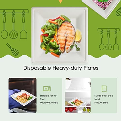 ECOLipak 120 Pack Compostable Paper Plates, 10 inch and 8 inch Heavy Duty Eco friendly Sugarcane Biodegradable Disposable Square Plates for Party Dinner Birthday 4