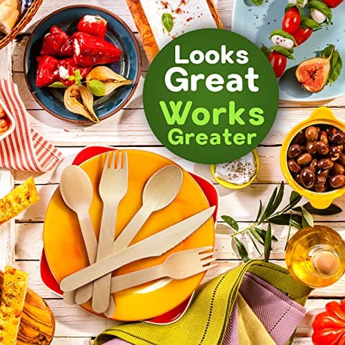 Weemium Disposable Wooden Cutlery Set - 300 Count (100 Forks, 100 Knives, 100 Spoons) – Plastic-free Packaging - Biodegradable Silverware and Splinter-free Compostable Utensils for Parties 9