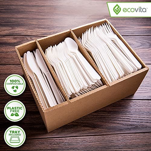 Ecovita 100% Compostable Forks Spoons Knives Cutlery Combo Set - 380 Large Disposable Utensils (7 in.) Eco Friendly Durable and Heat Resistant Alternative to Plastic Silverware with Convenient Tray 2