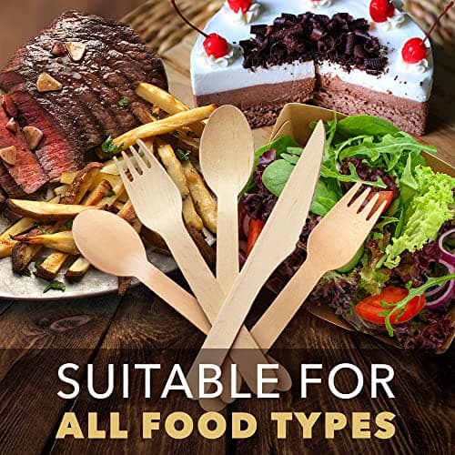 Weemium Disposable Wooden Cutlery Set - 300 Count (100 Forks, 100 Knives, 100 Spoons) – Plastic-free Packaging - Biodegradable Silverware and Splinter-free Compostable Utensils for Parties 6