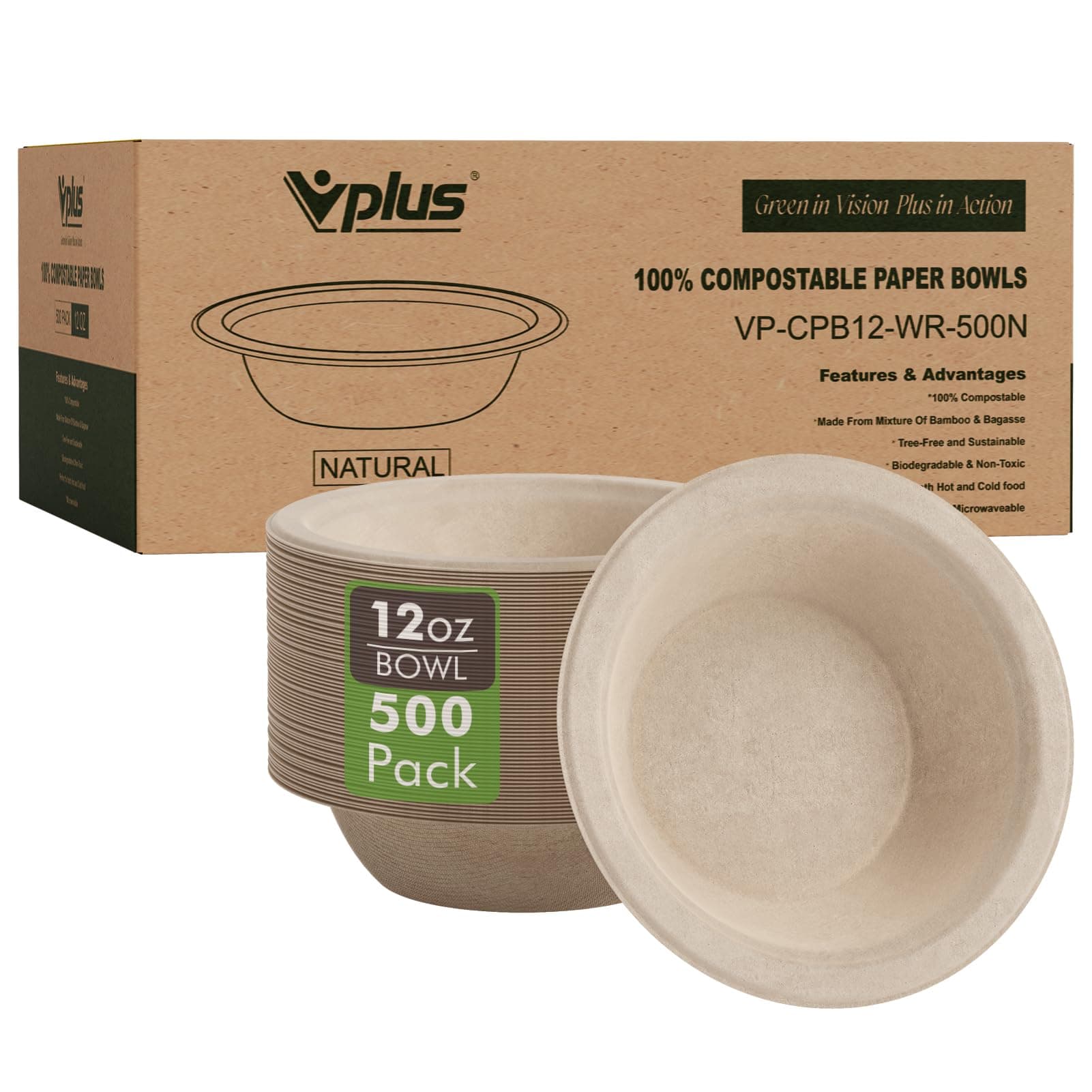 Vplus 500 Pack 12 OZ Paper Bowls Bulk, Disposable Compostable, Eco-friendly Bagasse, Heavy-duty Bowls Perfect for Milk Cereals, Snacks, Salads Nature