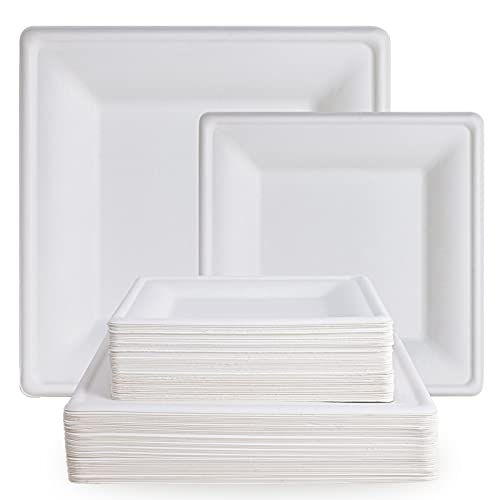 ECOLipak 120 Pack Compostable Paper Plates, 10 inch and 8 inch Heavy Duty Eco friendly Sugarcane Biodegradable Disposable Square Plates for Party Dinner Birthday