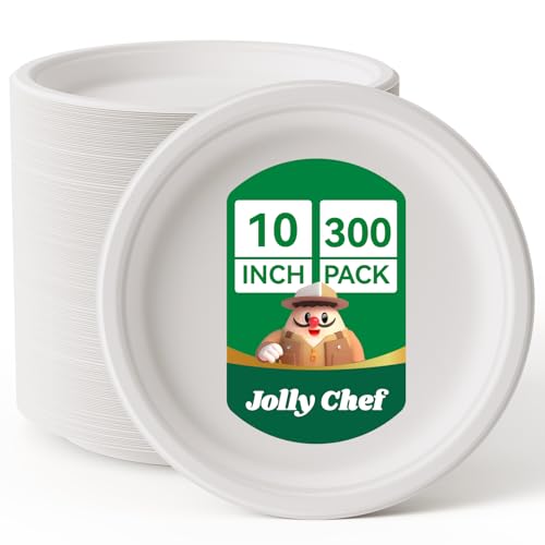 JOLLY CHEF Compostable Heavy Duty Plates 𝟭𝟬 𝗜𝗻𝗰𝗵 [𝟯𝟬𝟬 𝗣𝗮𝗰𝗸] Eco-Friendly Disposable White Paper Plates Made of Bagasse Biodegradable Bulk for Party Dinner Sugarcane Fibers Round 300 Count