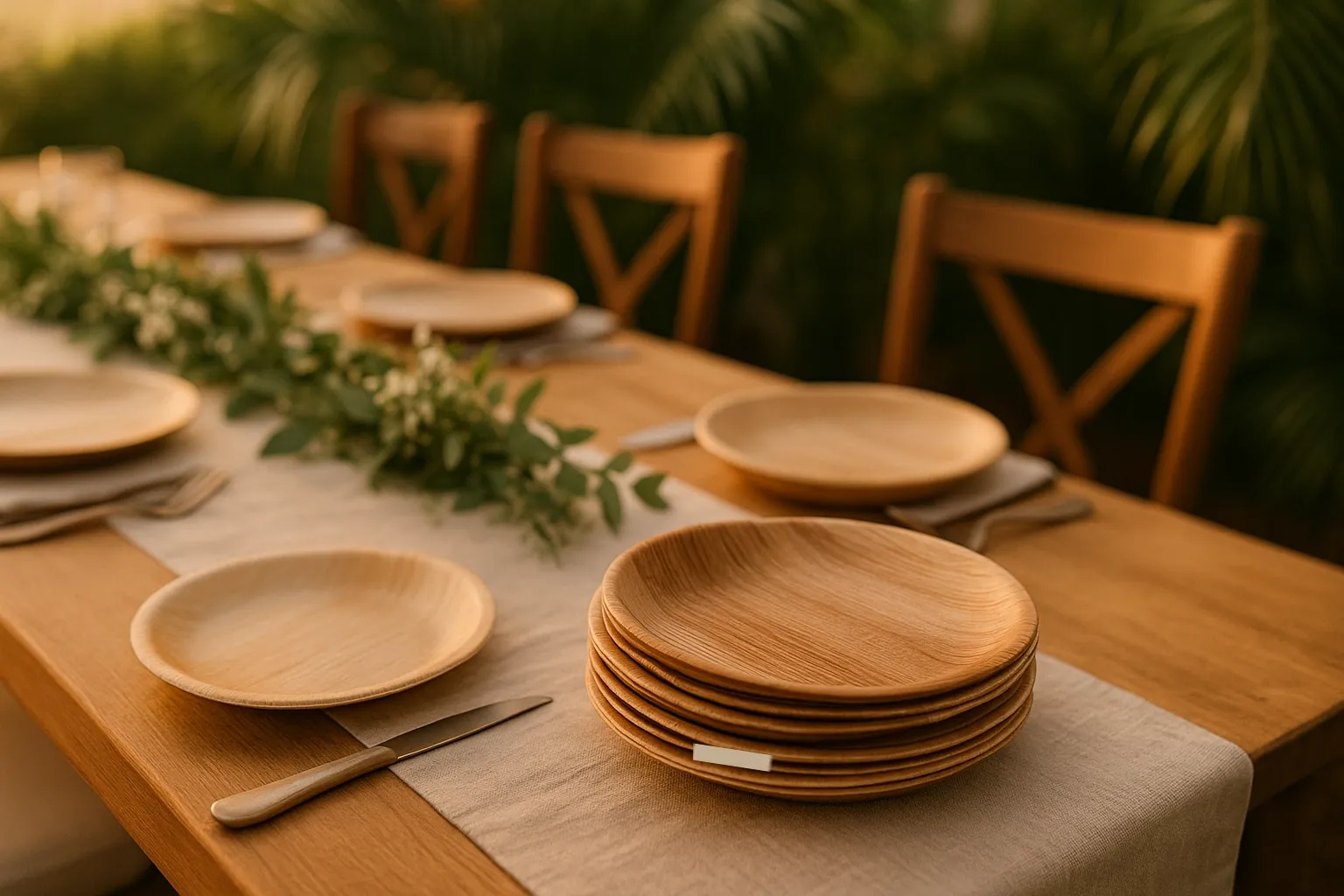 Beautiful palm leaf plates at a dinner table