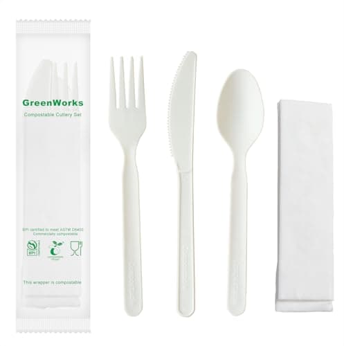 GreenWorks 7" Heavy-duty Compostable Cutlery Kits, BPI Certified, 200 Sets (Fork, Spoon,Knife,Napkin 4 in 1) Individually Wrapped With Compostable Bags,Alternative to Plastic Disposable Utensils