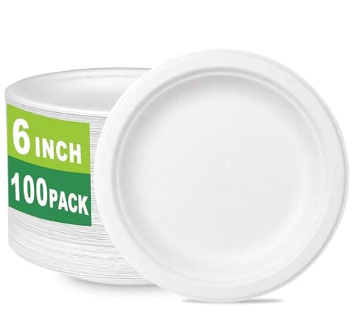 CantaGreen 6 Inch Small Compostable Dessert Plates - 100 Count Heavy-Duty Eco-Friendly Sugarcane and Bamboo Fiber Biodegradable Disposable Paper Plates