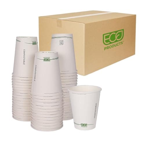 ECO PRODUCTS Compostable Disposable GreenStripe 12oz Coffee Cups, Case of 1000, White Single Wall Hot Paper Cup, Plant Based PLA Lining, Biodegradable