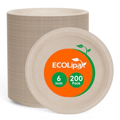 ECOLipak 6 Inch Disposable Compostable Small Paper Plates, 200 Pack Recycled Sugarcane Bagasse Biodegradable Heavy Duty Mini Dinner Appetizer Cake Dessert Plates for Party(Nature)