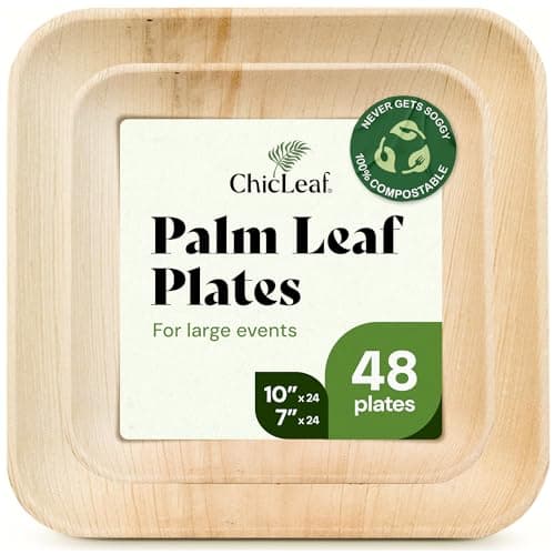 Chic Leaf Compostable & Biodegradable Palm Leaf Disposable Bamboo Plates - Disposable Party Plates for Appetizers - Camping Essentials - Reusable Party Supplies (10 & 7 Inch Square)