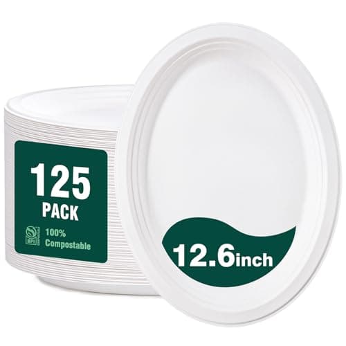 Compostable 12 Inch Oval Paper Plates, 125-Pack Heavy Duty Eco-Friendly Dinner Plates for BBQ, Picnic, Party (BPI Certified, Microwaveable)