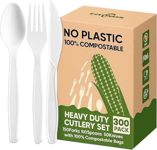 EZYLINKER Compostable Utensils Set (300 Pack) - Heavy Duty Eco-Friendly No-Plastic Spoons, Forks, Knives Cutlery Set - 100% Disposable Cornstarch Flatware for Parties, Weddings, BBQs, Picnics, and Camping