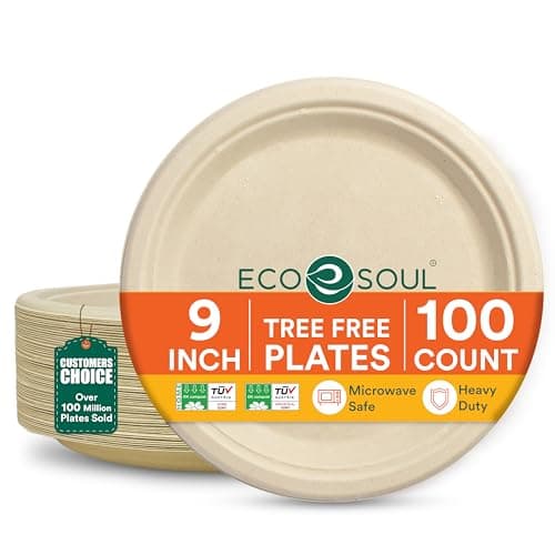 ECO SOUL Compostable 9 Inch(100-Pack) Biodegradable Heavy-Duty Disposable Eco-Friendly Paper Plates for Christmas Dinner & Parties, Wedding, Event