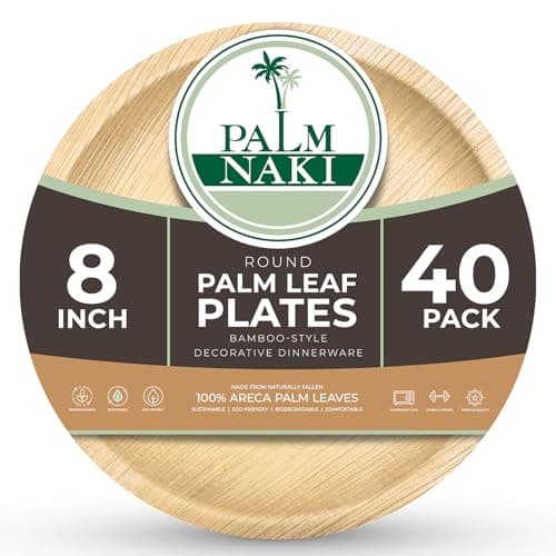 PALM NAKI Palm Leaf Plates | 8" Round | Compostable Bamboo-Style Decorative Plates | Ideal for Events, Gatherings, and Everyday Elegance - 40 Pack