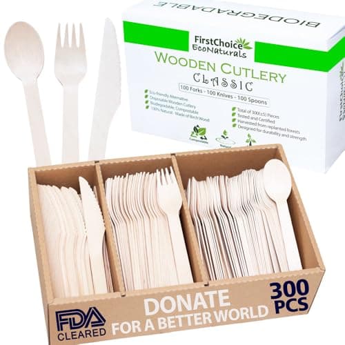 300 Pcs Compostable Wooden Cutlery Set – 100 Forks, 100 Spoons, 100 Knives – Bulk Disposable Cutlery Utensils in Paper Box Tray – Eco-Friendly for Restaurants, Schools, Offices, Parties, Catering